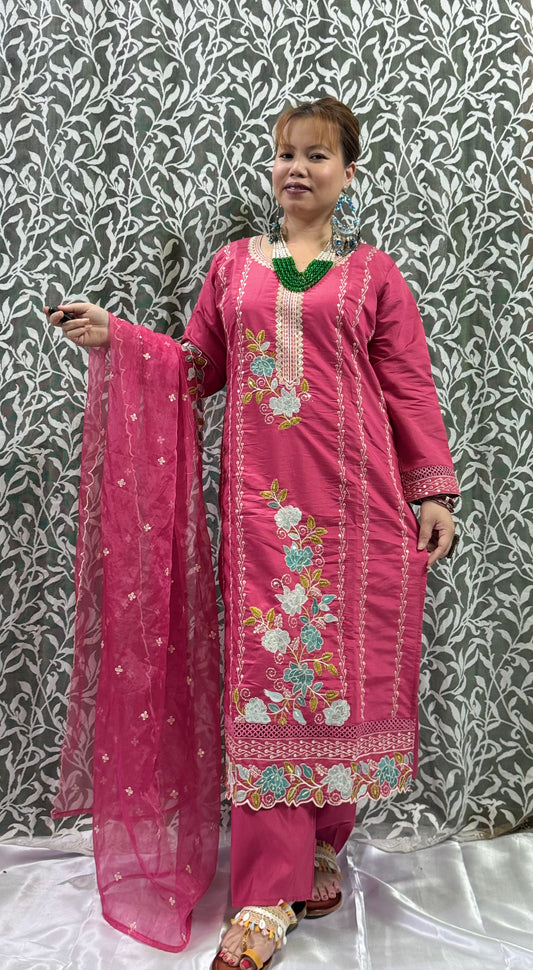 Color Combination:
	•	Kurta & Pants: Bright Rose Pink
	•	Embroidery: Multicolor floral motifs in aqua blue, white, yellow-green, and light pink
	•	Dupatta: Soft net in matching pink with delicate floral embr